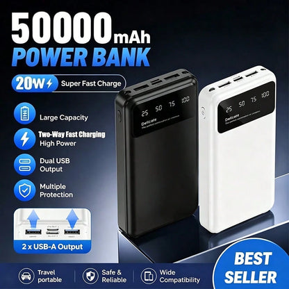 50000mAh Large-Capacity Power Bank Portable Charger, 20W Fast Charge Suitable For Charging All Mobile Phones.With LED Power Display/With Dual Flashlight For Outdoor Travel Emergency Power Supply Devic