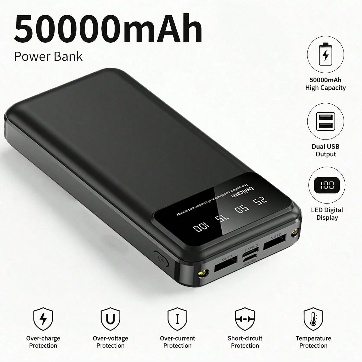 50000mAh Large-Capacity Power Bank Portable Charger, 20W Fast Charge Suitable For Charging All Mobile Phones.With LED Power Display/With Dual Flashlight For Outdoor Travel Emergency Power Supply Devic