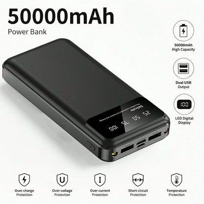 50000mAh Large-Capacity Power Bank Portable Charger, 20W Fast Charge Suitable For Charging All Mobile Phones.With LED Power Display/With Dual Flashlight For Outdoor Travel Emergency Power Supply Devic