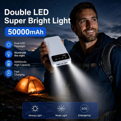 50000mAh Large-Capacity Power Bank Portable Charger, 20W Fast Charge Suitable For Charging All Mobile Phones.With LED Power Display/With Dual Flashlight For Outdoor Travel Emergency Power Supply Devic