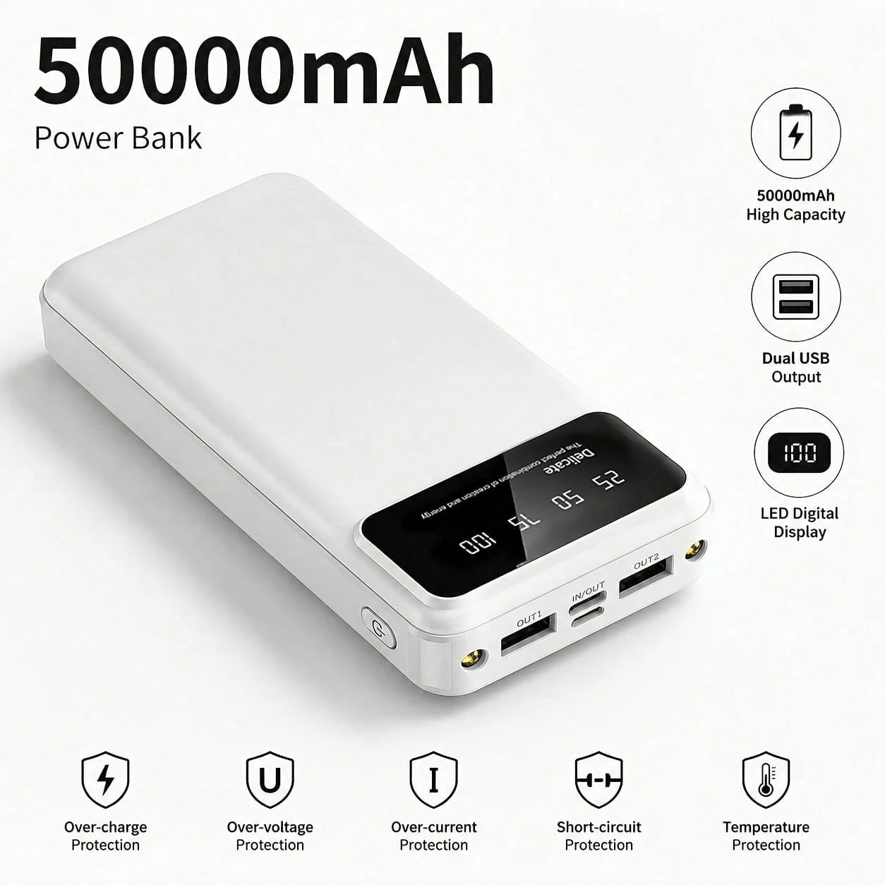 50000mAh Large-Capacity Power Bank Portable Charger, 20W Fast Charge Suitable For Charging All Mobile Phones.With LED Power Display/With Dual Flashlight For Outdoor Travel Emergency Power Supply Devic