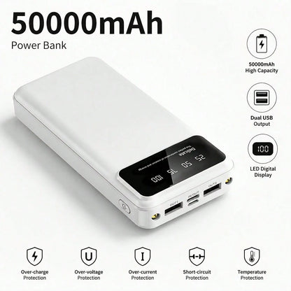 50000mAh Large-Capacity Power Bank Portable Charger, 20W Fast Charge Suitable For Charging All Mobile Phones.With LED Power Display/With Dual Flashlight For Outdoor Travel Emergency Power Supply Devic