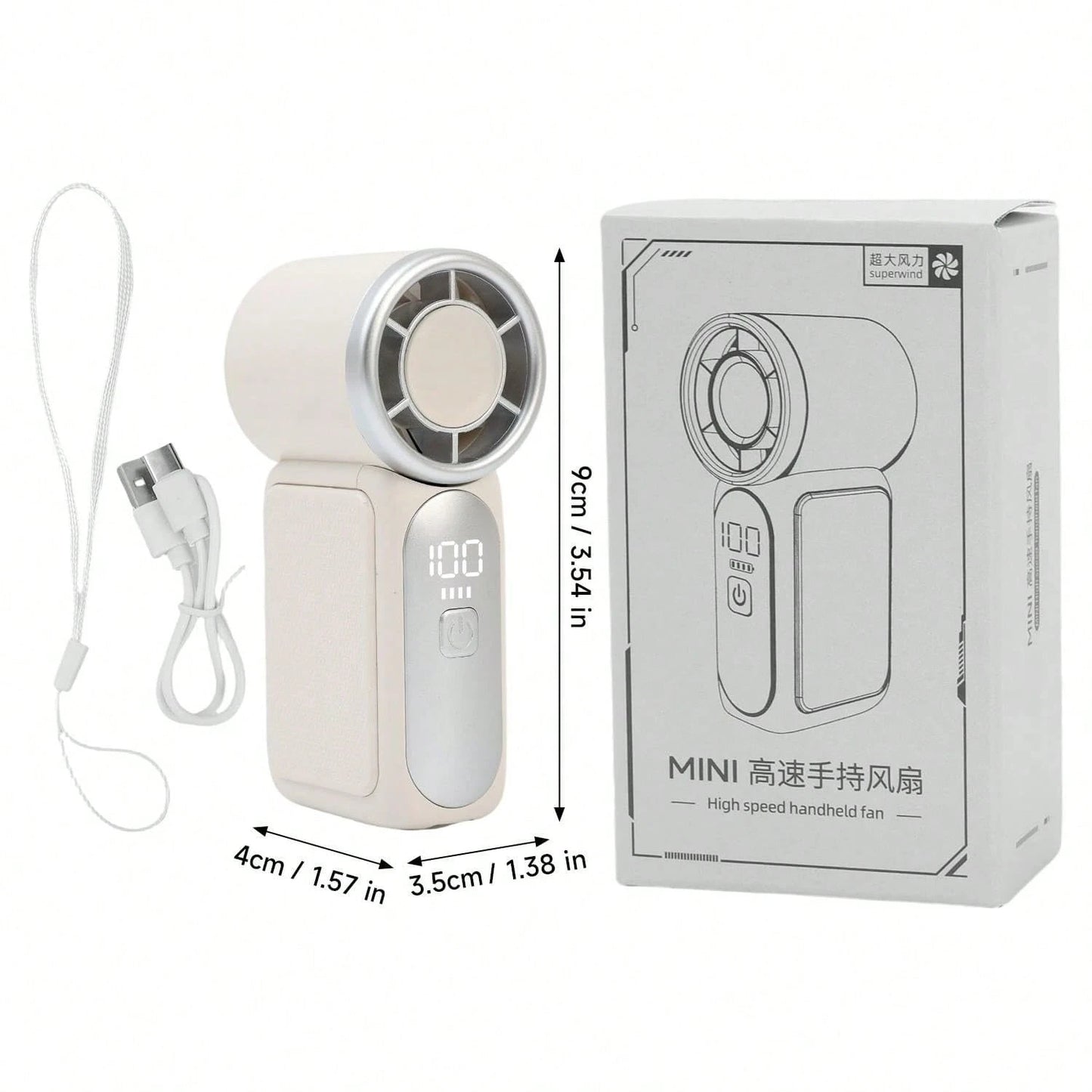 5000mAh Rechargeable Personal Fan, 6 Speed 16900 RPM High Velocity Fan With LED Display, Portable White Fan For Daily Use