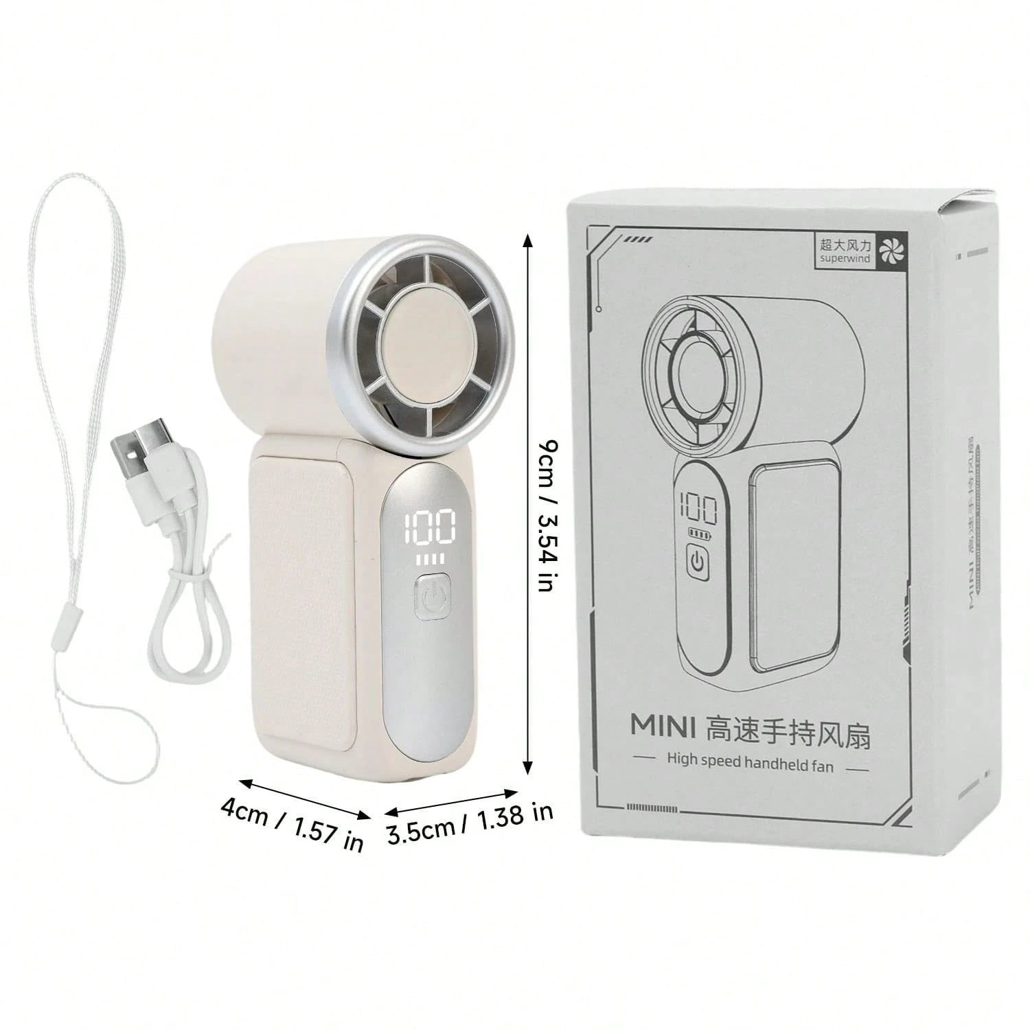 5000mAh Rechargeable Personal Fan, 6 Speed 16900 RPM High Velocity Fan With LED Display, Portable White Fan For Daily Use