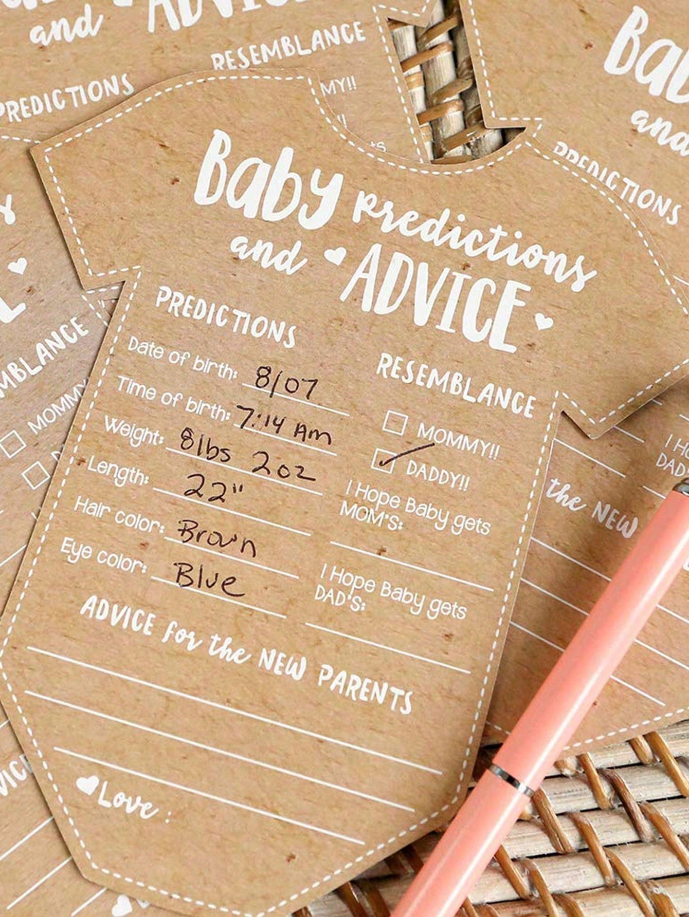 50pcs-Clothing Style Prediction Advice Cards For Decoration Gender Reveal Kraft Paper Suggested Prediction Cards For Baptism Game Gift Or Party Guests To Offer Advice For New Parents Handwritten Cards