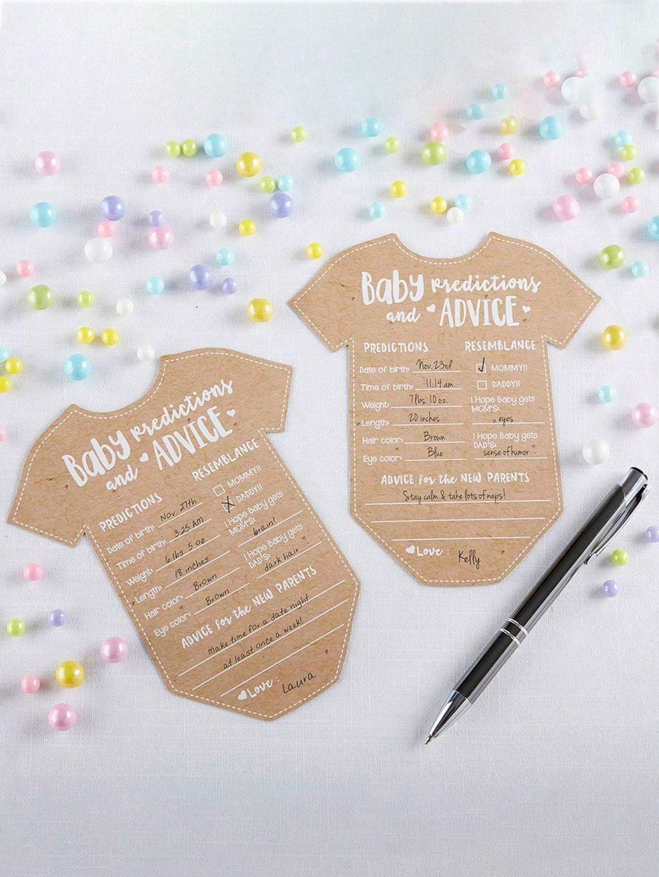 50pcs-Clothing Style Prediction Advice Cards For Decoration Gender Reveal Kraft Paper Suggested Prediction Cards For Baptism Game Gift Or Party Guests To Offer Advice For New Parents Handwritten Cards
