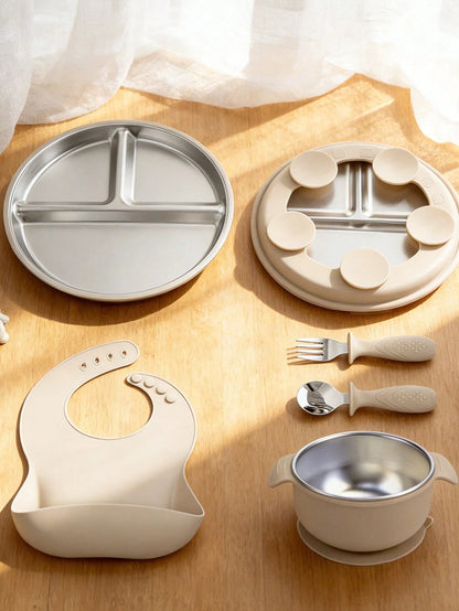5pcs/4pcs Stainless Steel Tableware Set, Baby Feeding Utensils, Weaning Tools, Bibs, Stainless Steel Plates, Stainless Steel Bowls, Stainless Steel Forks & Spoons