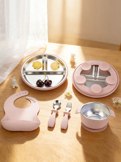 5pcs/4pcs Stainless Steel Tableware Set, Baby Feeding Utensils, Weaning Tools, Bibs, Stainless Steel Plates, Stainless Steel Bowls, Stainless Steel Forks & Spoons