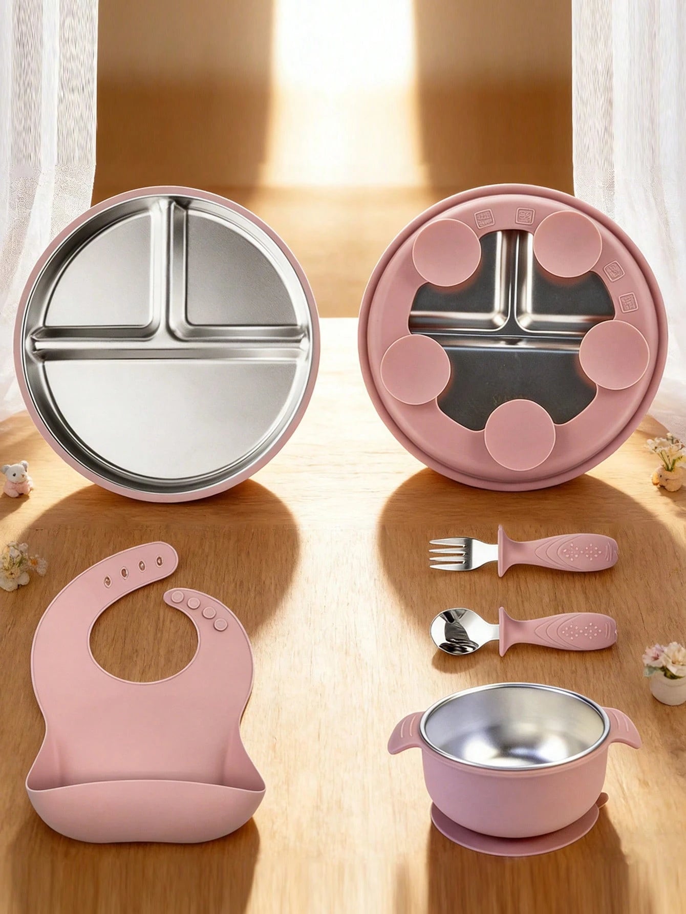 5pcs/4pcs Stainless Steel Tableware Set, Baby Feeding Utensils, Weaning Tools, Bibs, Stainless Steel Plates, Stainless Steel Bowls, Stainless Steel Forks & Spoons