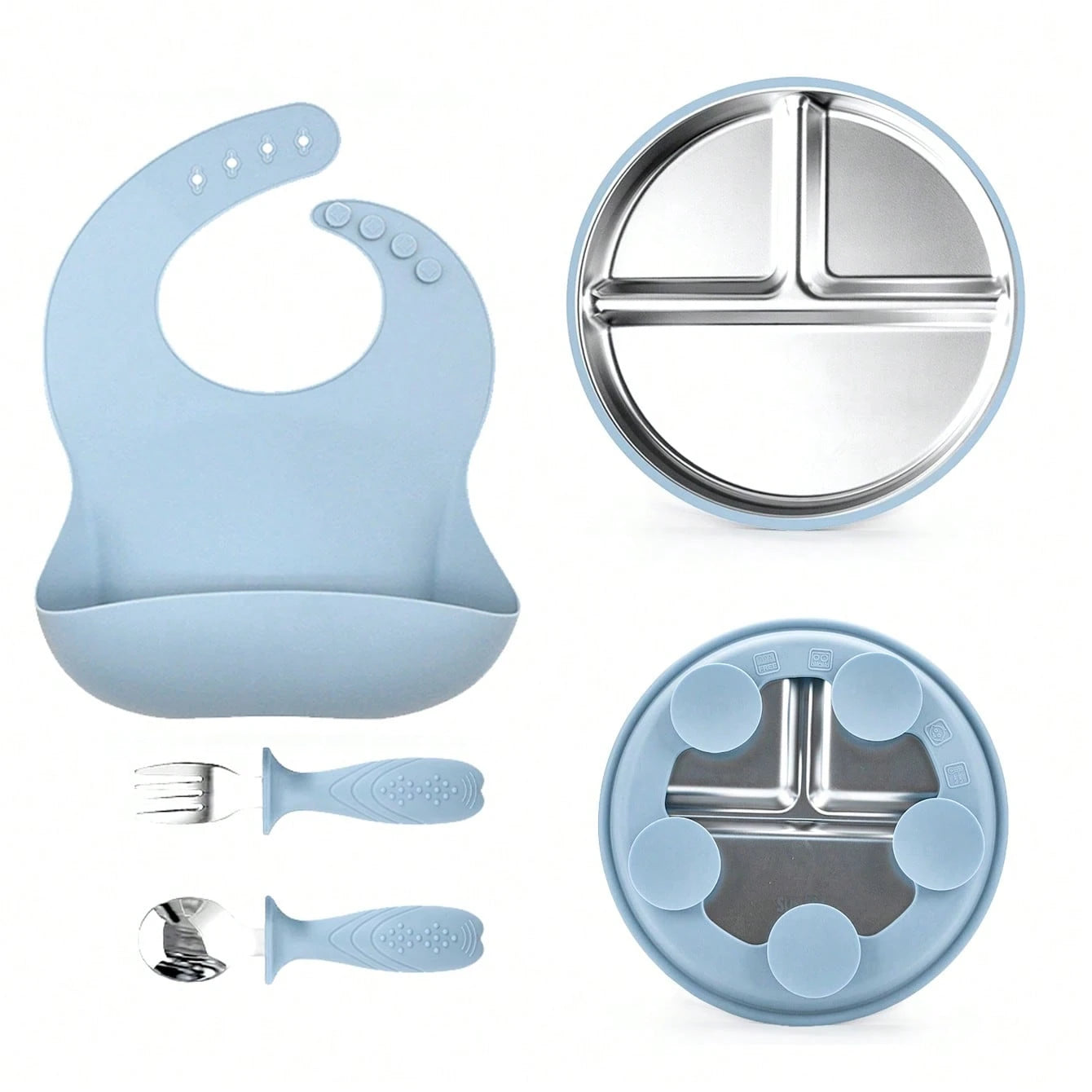 5pcs/4pcs Stainless Steel Tableware Set, Baby Feeding Utensils, Weaning Tools, Bibs, Stainless Steel Plates, Stainless Steel Bowls, Stainless Steel Forks & Spoons