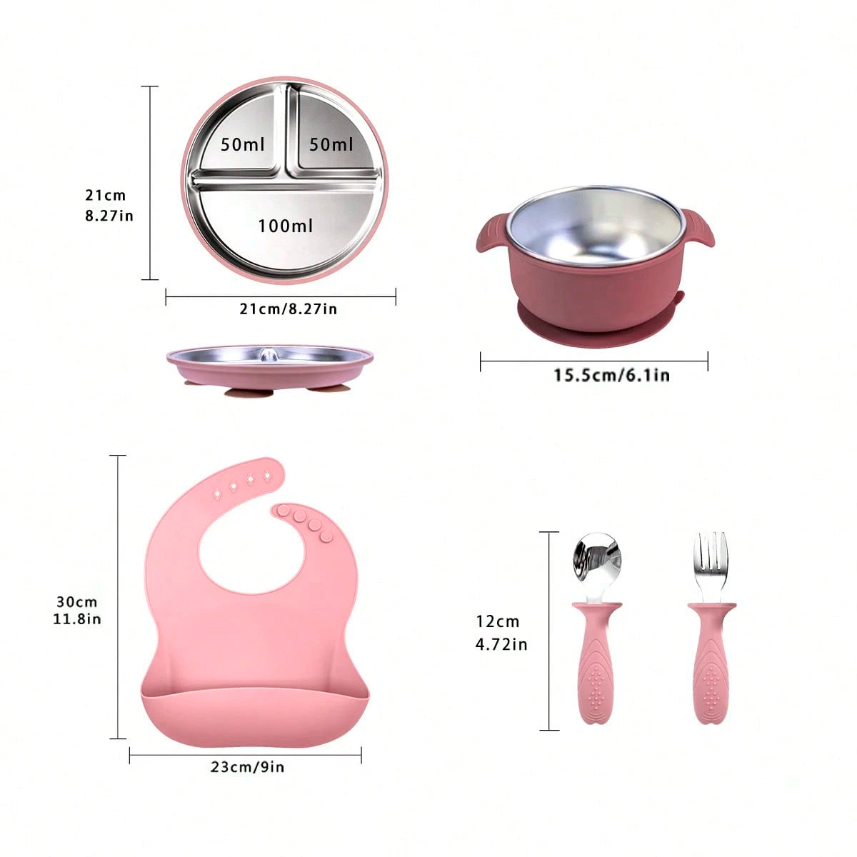 5pcs/4pcs Stainless Steel Tableware Set, Baby Feeding Utensils, Weaning Tools, Bibs, Stainless Steel Plates, Stainless Steel Bowls, Stainless Steel Forks & Spoons