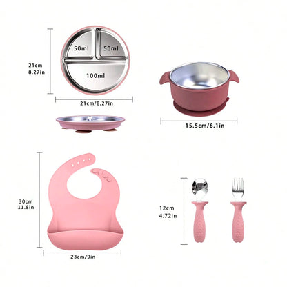 5pcs/4pcs Stainless Steel Tableware Set, Baby Feeding Utensils, Weaning Tools, Bibs, Stainless Steel Plates, Stainless Steel Bowls, Stainless Steel Forks & Spoons