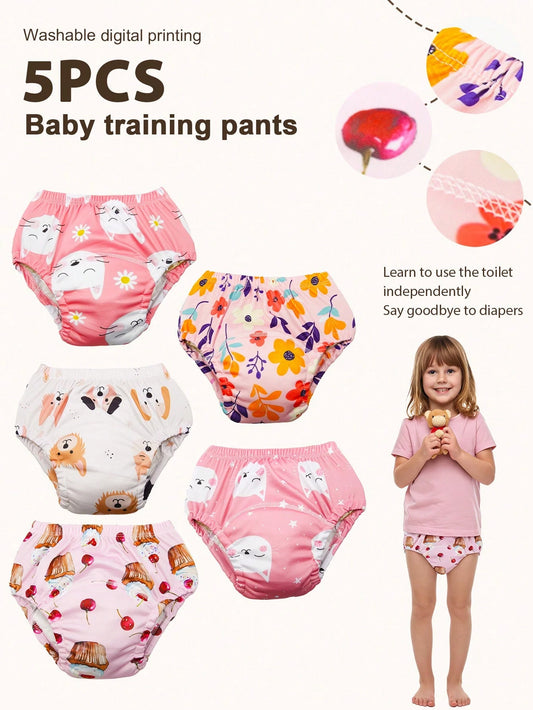 5pcs Baby Reusable Printed Potty Training Pants, Boys & Girls Infant Toilet Training Underwear, Washable