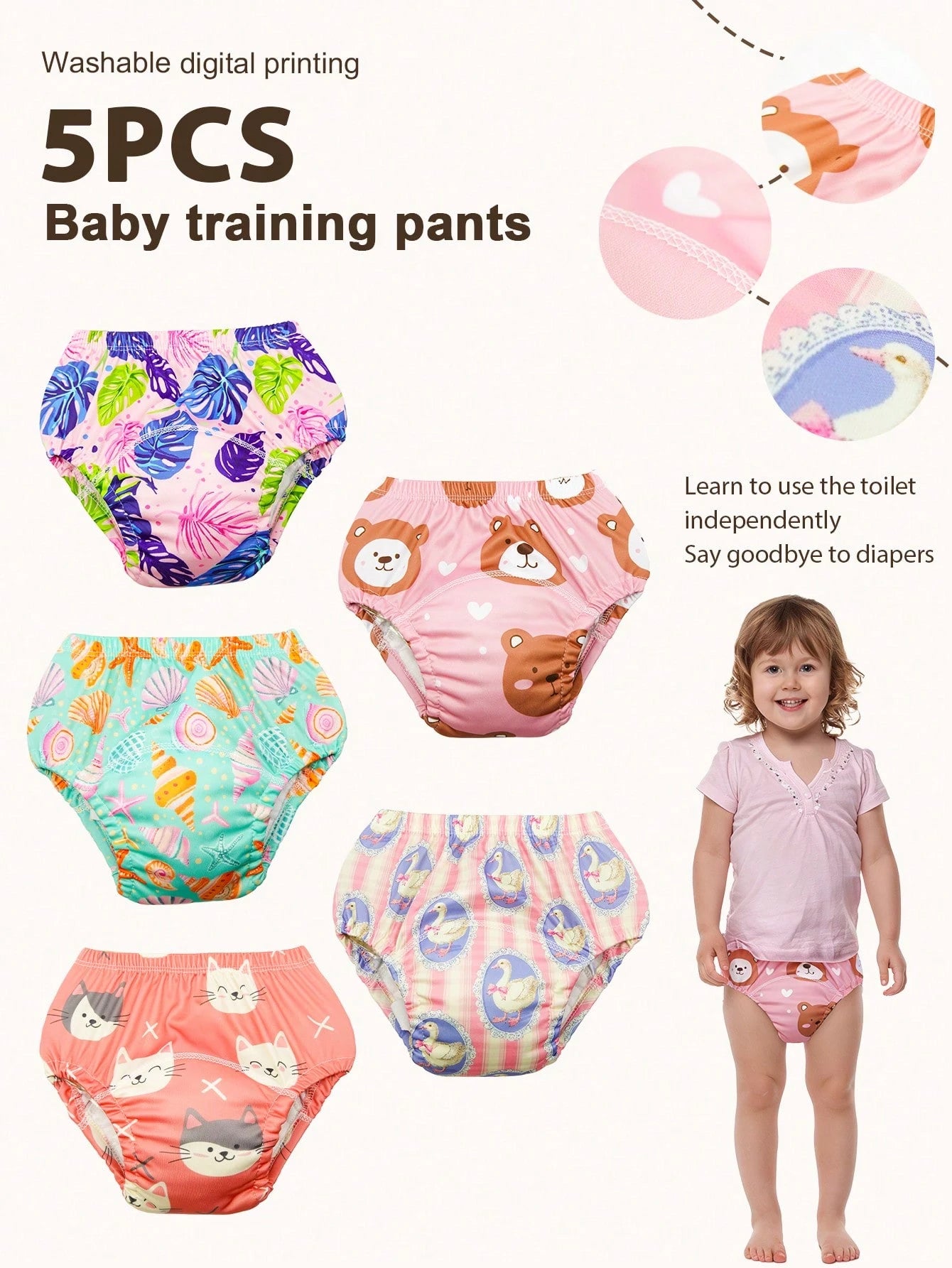 5pcs Baby Reusable Printed Potty Training Pants, Boys & Girls Infant Toilet Training Underwear, Washable