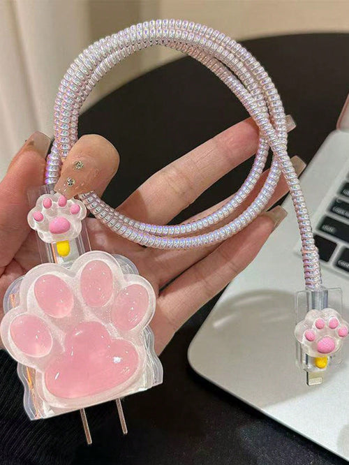 5Pcs Cute Pink Cat Paw Charger Case, Compatible With Apple 18/20W Fast Charger And Data Cable, Japan And Korea Style, TPU Material, Anti-Dirt And Anti-Breakage