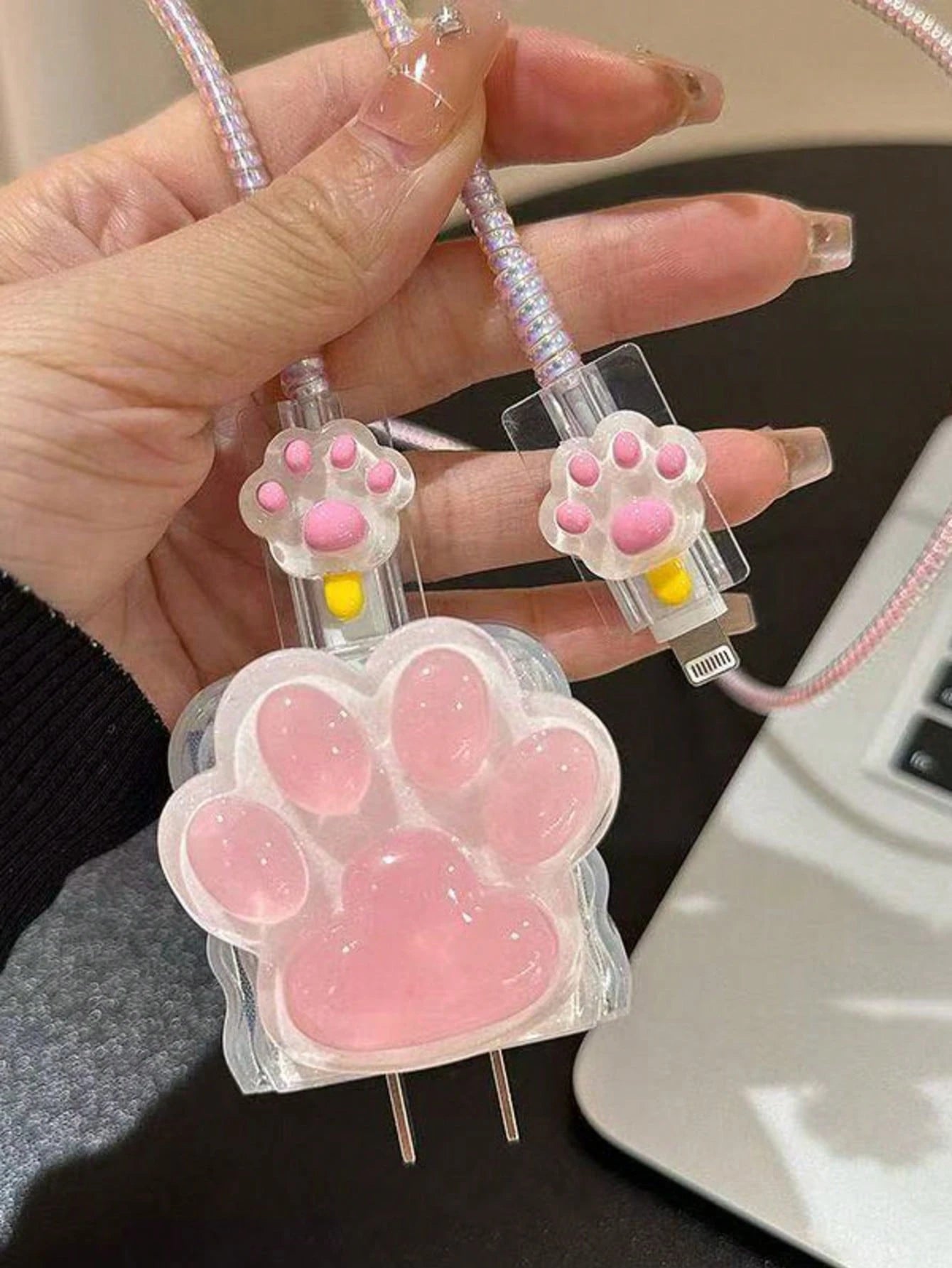 5Pcs Cute Pink Cat Paw Charger Case, Compatible With Apple 18/20W Fast Charger And Data Cable, Japan And Korea Style, TPU Material, Anti-Dirt And Anti-Breakage