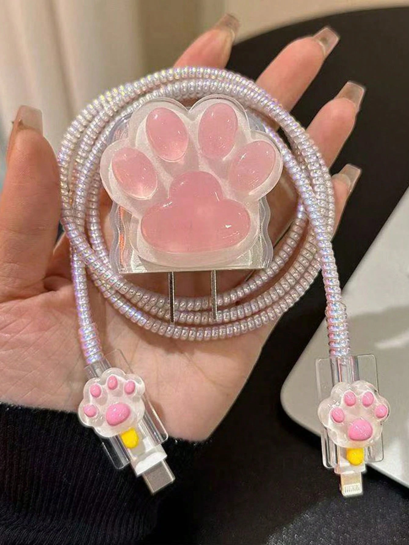 5Pcs Cute Pink Cat Paw Charger Case, Compatible With Apple 18/20W Fast Charger And Data Cable, Japan And Korea Style, TPU Material, Anti-Dirt And Anti-Breakage