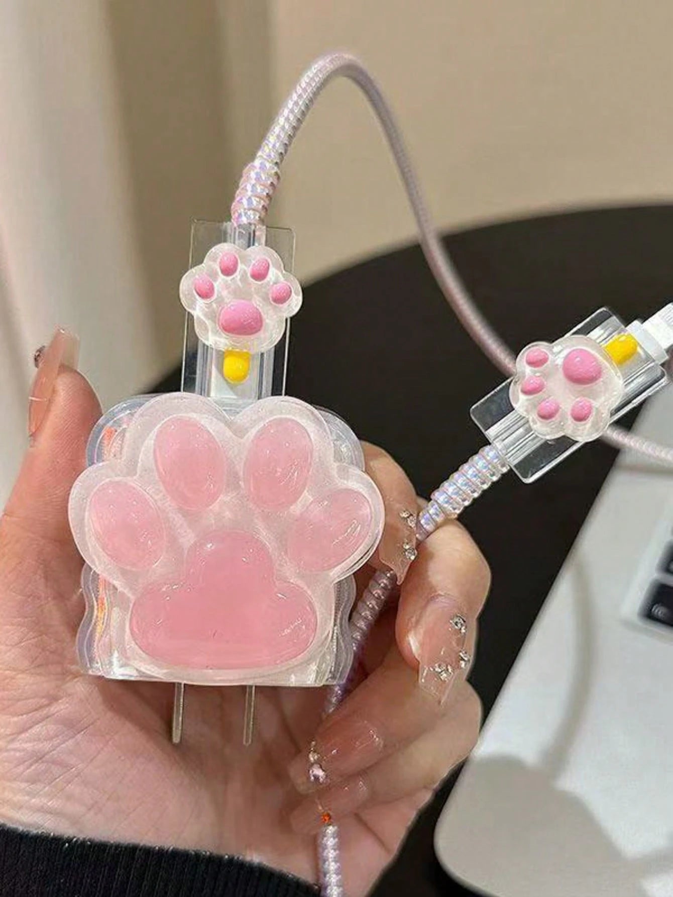 5Pcs Cute Pink Cat Paw Charger Case, Compatible With Apple 18/20W Fast Charger And Data Cable, Japan And Korea Style, TPU Material, Anti-Dirt And Anti-Breakage