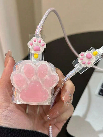 5Pcs Cute Pink Cat Paw Charger Case, Compatible With Apple 18/20W Fast Charger And Data Cable, Japan And Korea Style, TPU Material, Anti-Dirt And Anti-Breakage