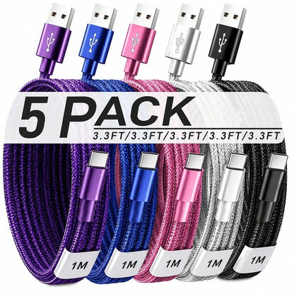 5pcs Fast Charging USB-A To Type-C Charging Cable, Suitable For Android Phones, Nylon Braided, Durable Phone Charging Cable, 1m Length, Compatible With IPhone, And Other Android Phones And Type-C Devi