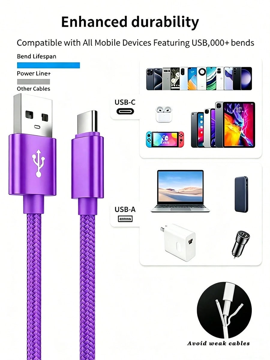 5pcs Fast Charging USB-A To Type-C Charging Cable, Suitable For Android Phones, Nylon Braided, Durable Phone Charging Cable, 1m Length, Compatible With IPhone, And Other Android Phones And Type-C Devi