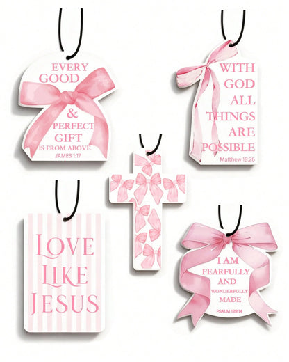5pcs Inspirational Car Air Freshener Cute Pink Bow Coquette Bible Verses Automotive Accessories Car Interior Hanging Scents Mirror Decor For Women Teen Girls