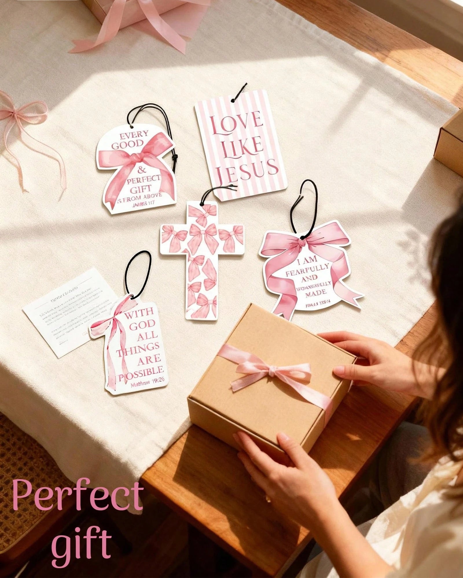 5pcs Inspirational Car Air Freshener Cute Pink Bow Coquette Bible Verses Automotive Accessories Car Interior Hanging Scents Mirror Decor For Women Teen Girls