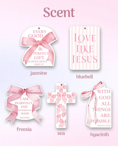 5pcs Inspirational Car Air Freshener Cute Pink Bow Coquette Bible Verses Automotive Accessories Car Interior Hanging Scents Mirror Decor For Women Teen Girls