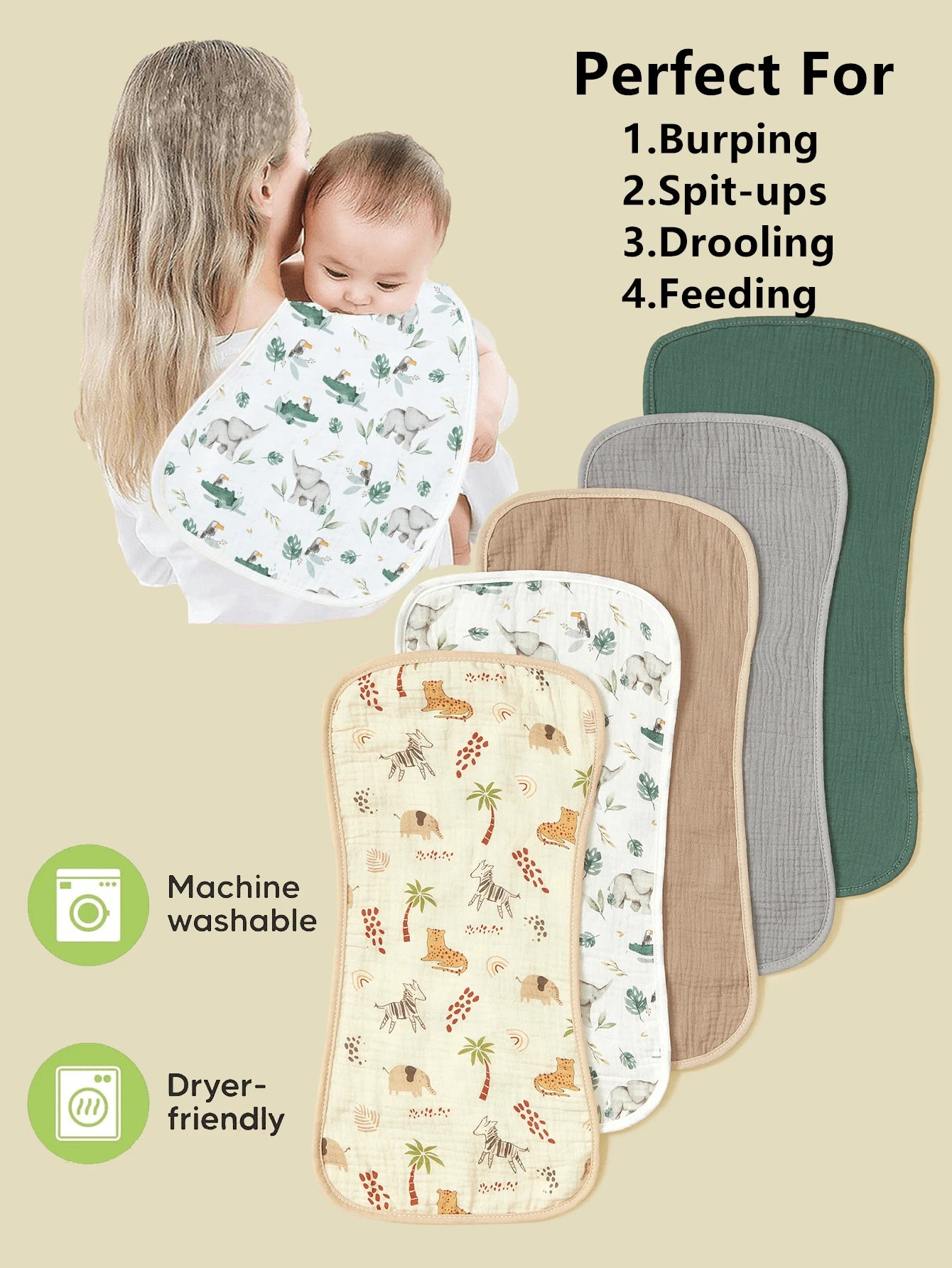 5pcs/Pack Cotton Muslin Bibs For Baby Boys Girls, Floral & Whale Print Burp Cloths, Soft & Versatile