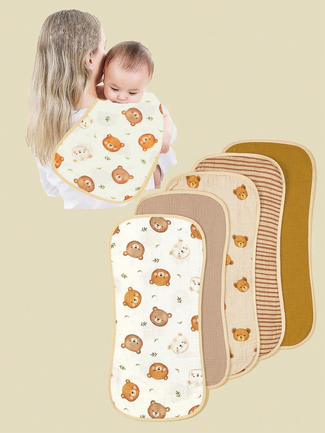 5pcs/Pack Soft Cotton Muslin Baby Bibs For Boys & Girls, Floral, Whale Design, Comfortable Multi-Use Burp Cloths