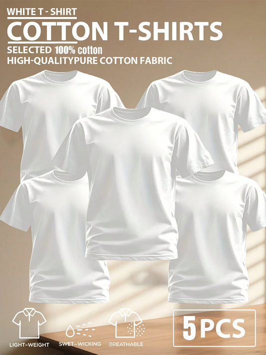 5pcs/Set 100% High-Quality Pure Cotton Men'S Round Neck T-Shirt Made From A Carefully Chosen, Offering Softness And While Being Durable And Fashionable Everyday Appearanc Soft And Comfortable, Suitabl