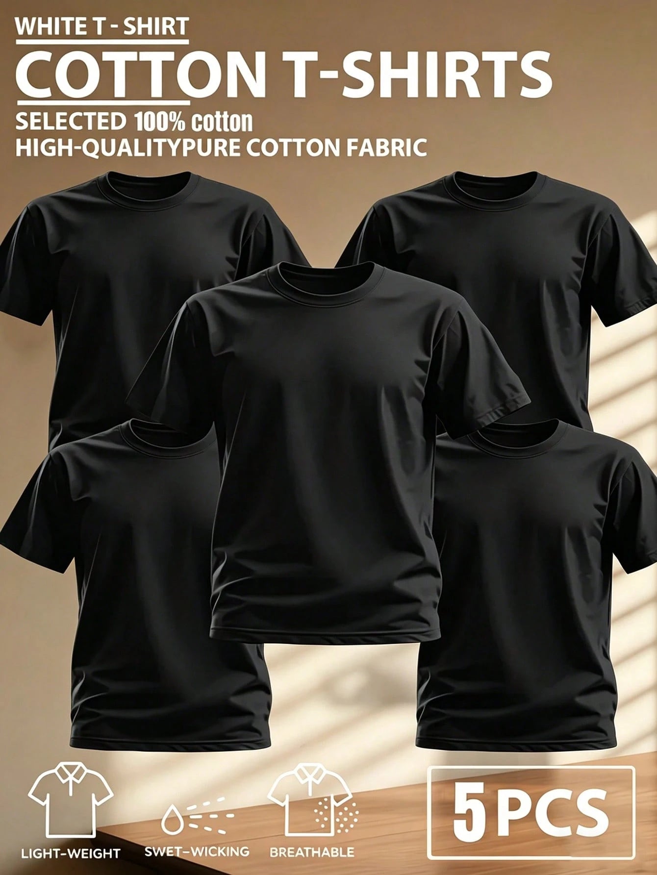 5pcs/Set 100% High-Quality Pure Cotton Men'S Round Neck T-Shirt Made From A Carefully Chosen, Offering Softness And While Being Durable And Fashionable Everyday Appearanc Soft And Comfortable, Suitabl