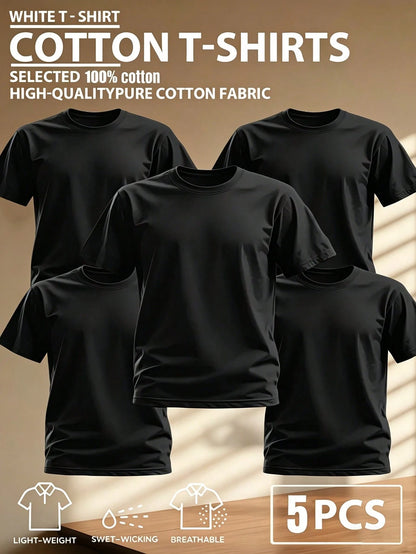 5pcs/Set 100% High-Quality Pure Cotton Men'S Round Neck T-Shirt Made From A Carefully Chosen, Offering Softness And While Being Durable And Fashionable Everyday Appearanc Soft And Comfortable, Suitabl