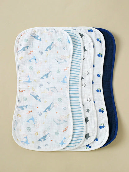 5pcs Set Floral, Whale Printed 100% Cotton Gauze Baby Bibs, Soft Gentle Burp Cloths For Infant Boys & Girls