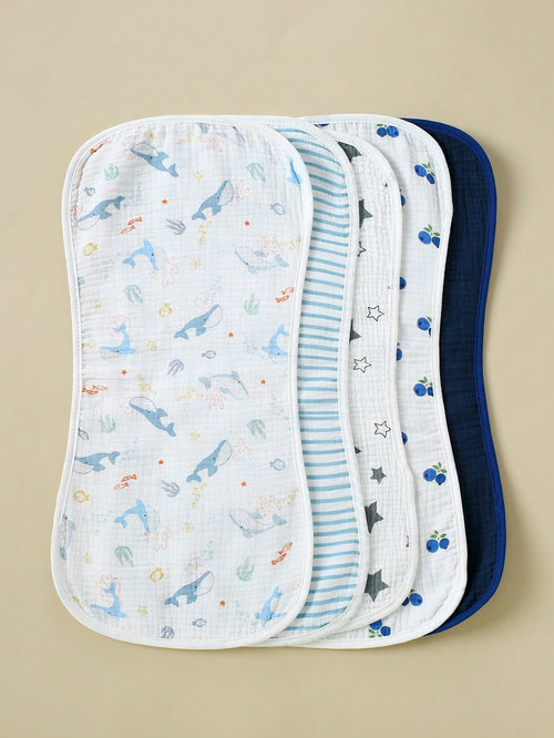 5pcs Set Floral, Whale Printed 100% Cotton Gauze Baby Bibs, Soft Gentle Burp Cloths For Infant Boys & Girls
