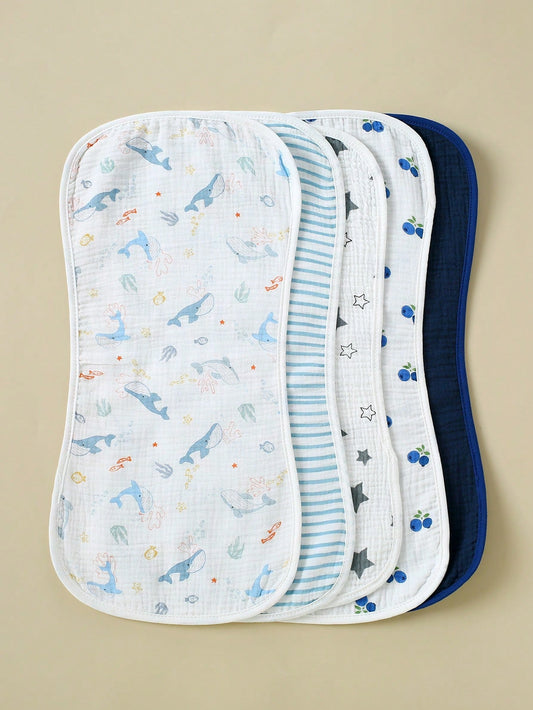 5pcs Set Floral, Whale Printed 100% Cotton Gauze Baby Bibs, Soft Gentle Burp Cloths For Infant Boys & Girls