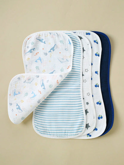 5pcs Set Floral, Whale Printed 100% Cotton Gauze Baby Bibs, Soft Gentle Burp Cloths For Infant Boys & Girls