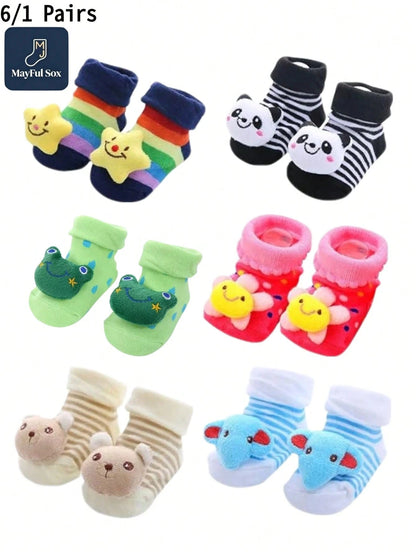 6/1 Pair Baby 3D Cartoon Animal Non Slip Ankle Socks, Panda Frog Bear Elephant Star Flower Doll Decor Striped Soft Newborn Infant Floor Funny Socks