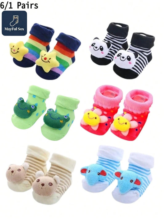 6/1 Pair Baby 3D Cartoon Animal Non Slip Ankle Socks, Panda Frog Bear Elephant Star Flower Doll Decor Striped Soft Newborn Infant Floor Funny Socks