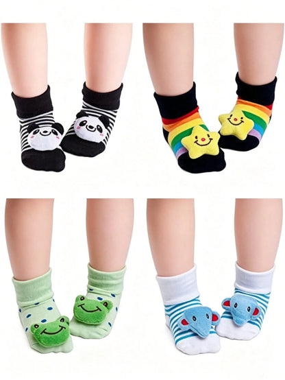 6/1 Pair Baby 3D Cartoon Animal Non Slip Ankle Socks, Panda Frog Bear Elephant Star Flower Doll Decor Striped Soft Newborn Infant Floor Funny Socks