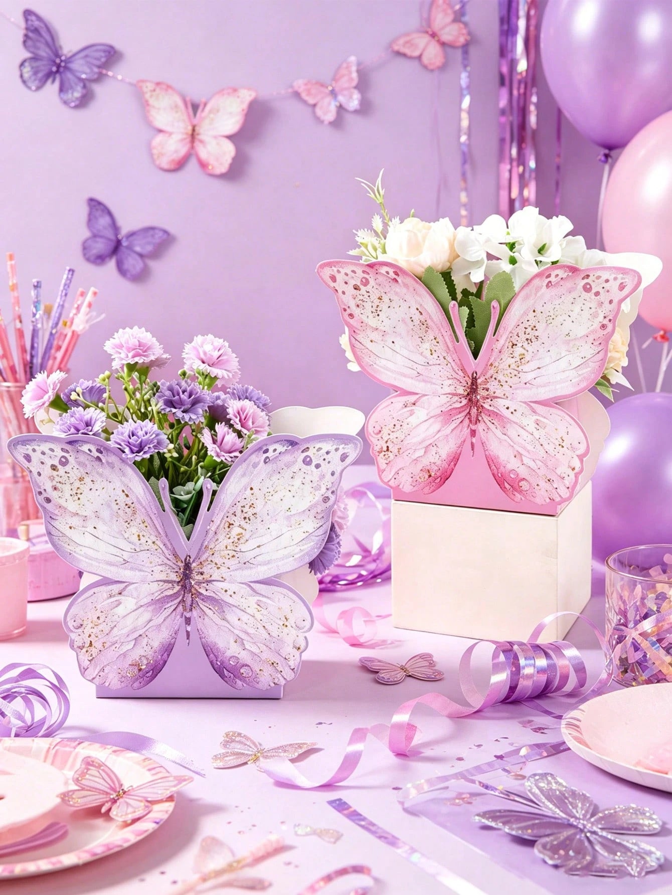 6/12pcs Pink & Purple Butterfly Boxes, Cute Butterfly Center Decor, Wedding Table Centerpiece, Butterfly Theme Birthday Decor, Birthday Gift Boxes, Bachelorette Party Decor, Baby Shower Supplies, Gend