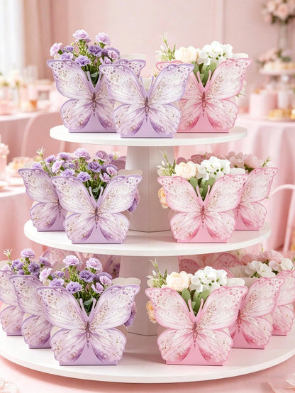 6/12pcs Pink & Purple Butterfly Boxes, Cute Butterfly Center Decor, Wedding Table Centerpiece, Butterfly Theme Birthday Decor, Birthday Gift Boxes, Bachelorette Party Decor, Baby Shower Supplies, Gend