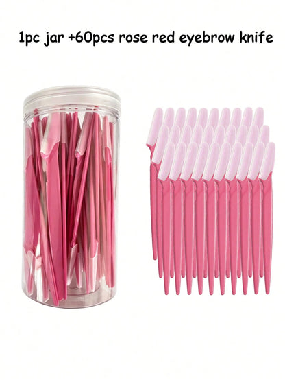 60 Piece Rose Red Eyebrow Trimmer Set, Eyebrow Trimmer/Shaver, Exfoliating Shaving Tool, Body Hair Trimmer And Facial And Eyebrow Shaver Set, Long Handled Blade With Precise Protective Cover, Women'S