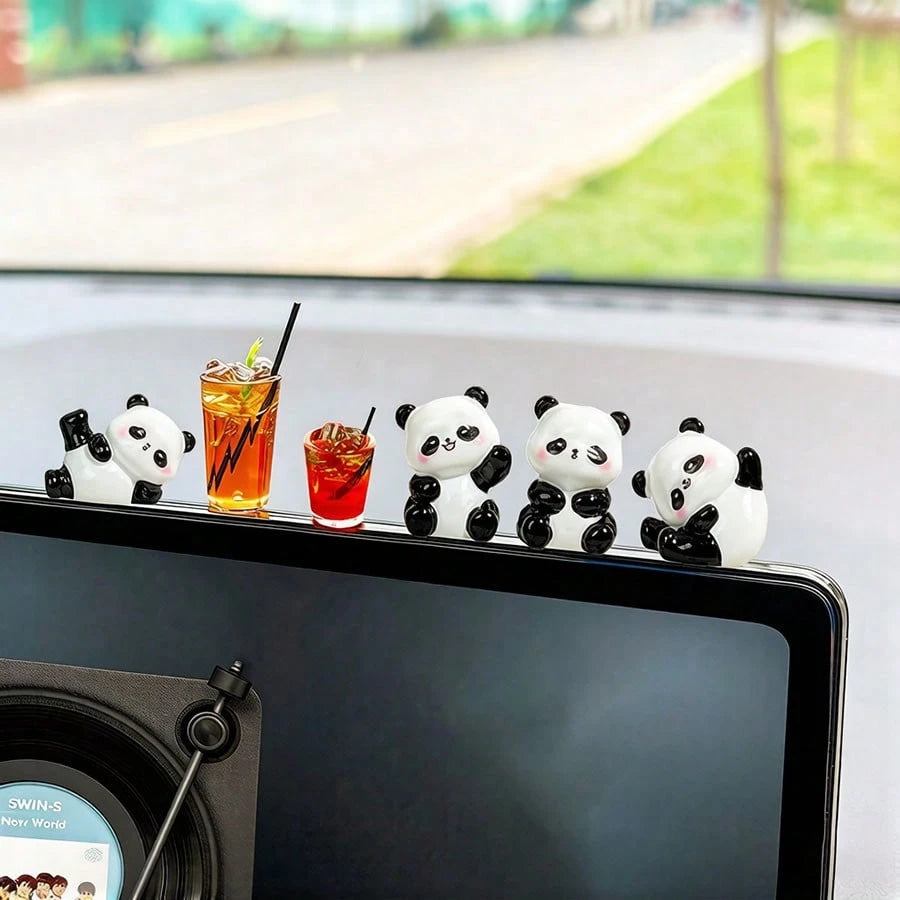 6pcs Cute Mini Panda Figurines, Creative Micro Landscape Decor, Car Interior Ornament, DIY Decoration Accessories