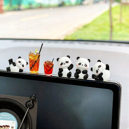 6pcs Cute Mini Panda Figurines, Creative Micro Landscape Decor, Car Interior Ornament, DIY Decoration Accessories