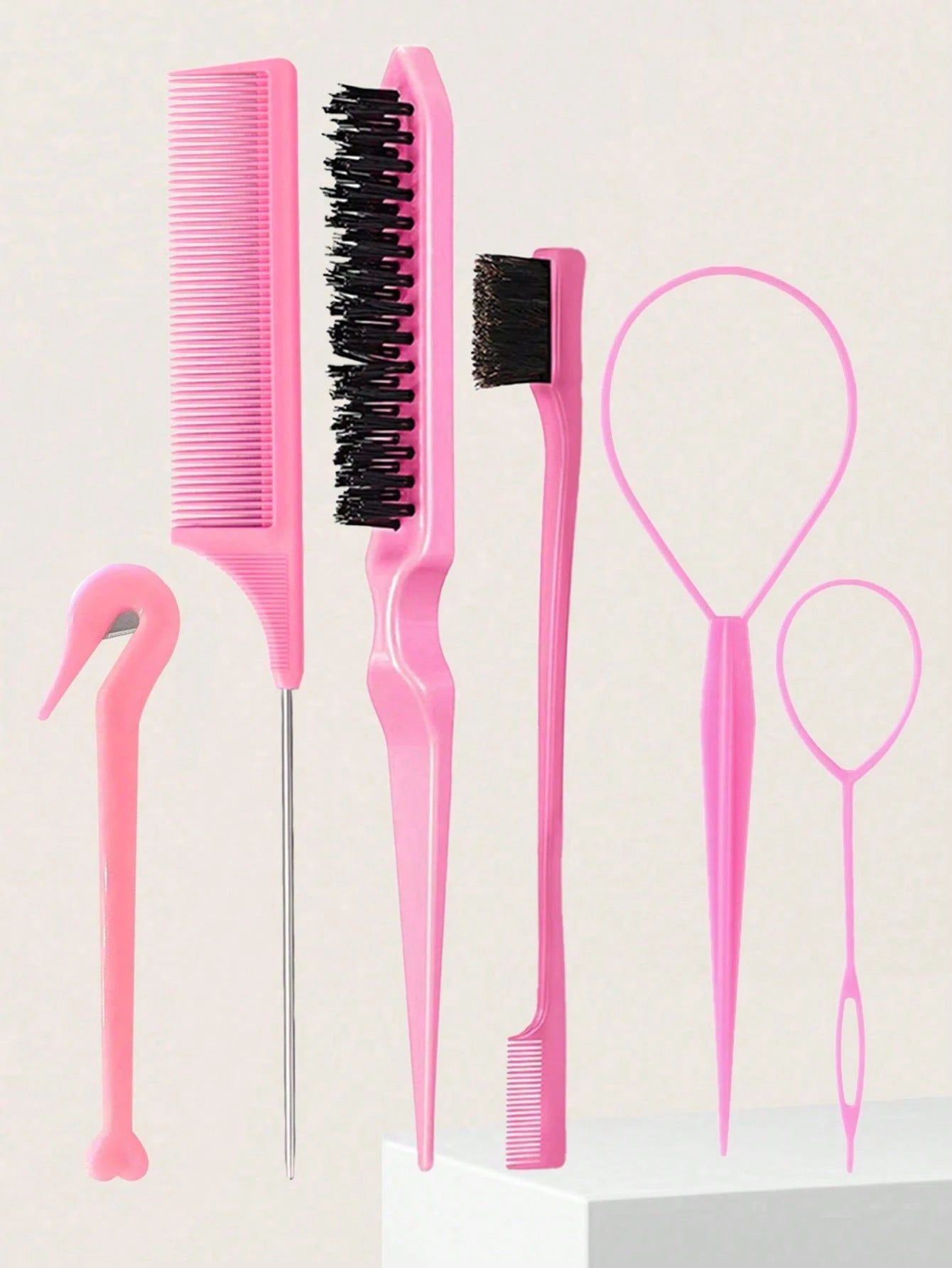 6pcs Hair Styling Tool Set, Includes 2 French Braiding Rings, Hair Cutting Scissors In Leather Case, Volumizing Brush, Pointed Tail Comb, Edge Comb (For Hairline & Back-Brushing), Suitable For Women's