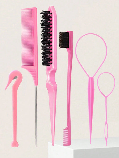 6pcs Hair Styling Tool Set, Includes 2 French Braiding Rings, Hair Cutting Scissors In Leather Case, Volumizing Brush, Pointed Tail Comb, Edge Comb (For Hairline & Back-Brushing), Suitable For Women's