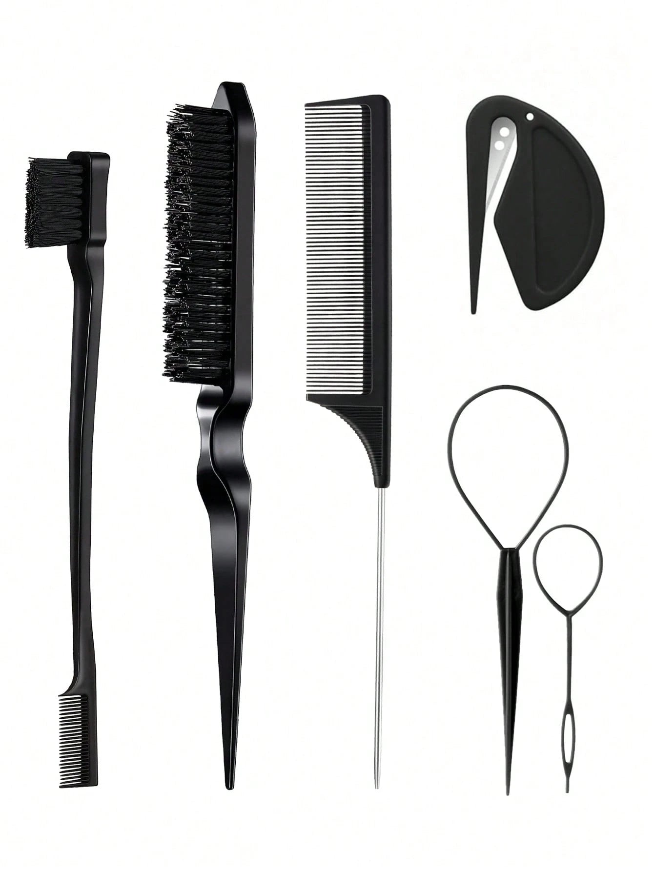 6pcs Hair Styling Tool Set, Includes 2 French Braiding Rings, Hair Cutting Scissors In Leather Case, Volumizing Brush, Pointed Tail Comb, Edge Comb (For Hairline & Back-Brushing), Suitable For Women's