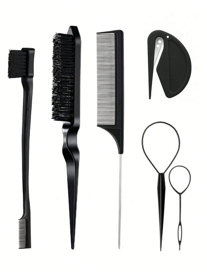 6pcs Hair Styling Tool Set, Includes 2 French Braiding Rings, Hair Cutting Scissors In Leather Case, Volumizing Brush, Pointed Tail Comb, Edge Comb (For Hairline & Back-Brushing), Suitable For Women's