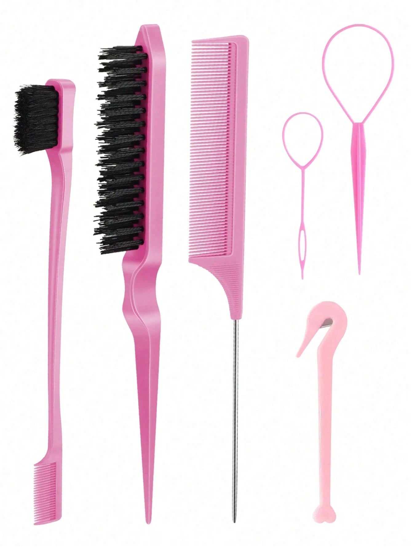 6pcs Hair Styling Tool Set, Includes 2 French Braiding Rings, Hair Cutting Scissors In Leather Case, Volumizing Brush, Pointed Tail Comb, Edge Comb (For Hairline & Back-Brushing), Suitable For Women's